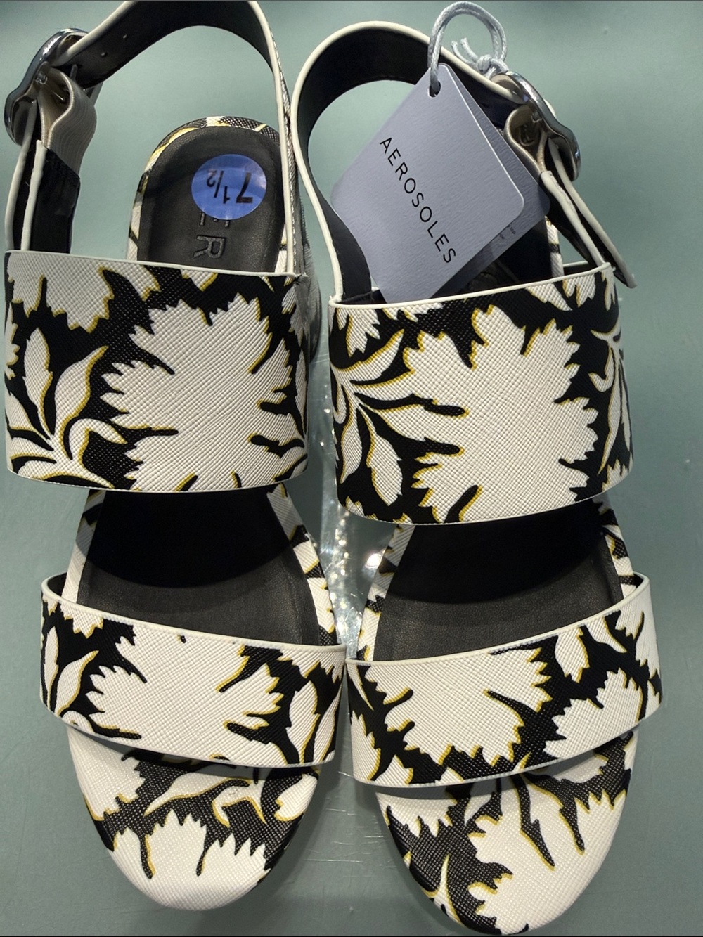 AEROSOLES Black White and Gold Floral Strap Sandals